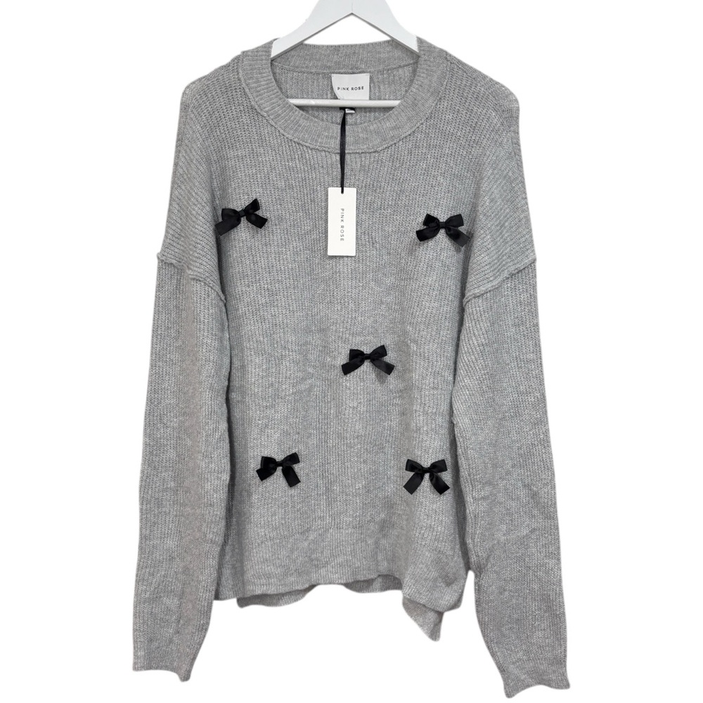 Pink Rose Gray & Black Bow Oversized sweater Size 1X Womens NWT